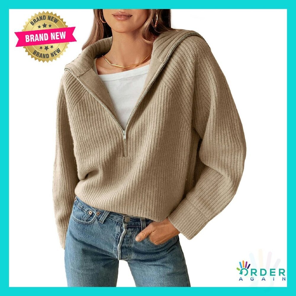 Quarter Zip Pullover Ribbed Knit Loose Fit Casual Sweater Women's Fall Winter